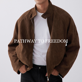 PTOFF麂皮绒哈灵顿夹克秋冬短宽简约高级感老钱加厚保暖棉服外套