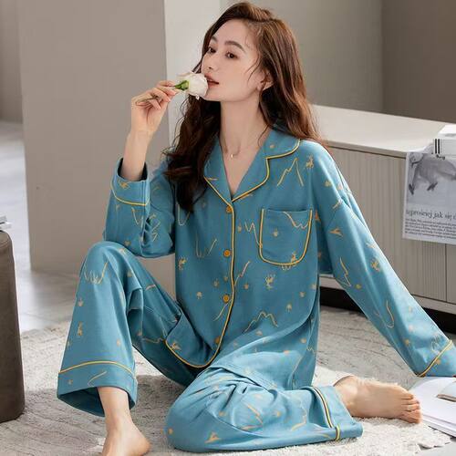 纯棉睡衣女长袖卡通小翻领家居服套装可外穿舒适浅蓝色