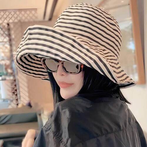 大头围防晒条纹可折叠渔夫帽女