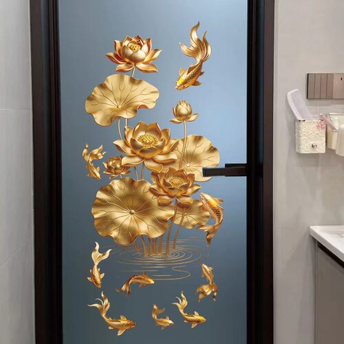 【拍一发二】卫生间厨房专用荷花厕所门装饰画静电贴玻璃贴防水