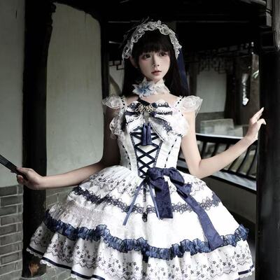 青鸳赋韩菇凉原创设计Lolita洋装青花瓷甜美jsk吊带洛丽塔连衣裙