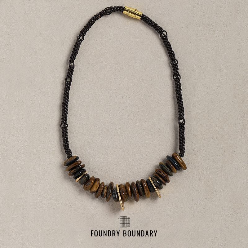 黄铜镀24K金/蓝棕彼得石叠石项链