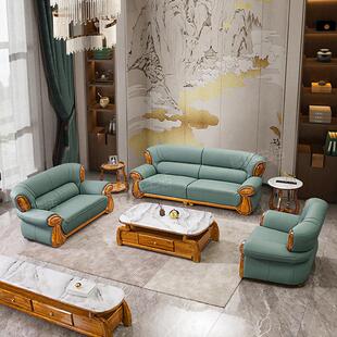新中式 乌金木沙发大小户型高端别墅客厅家用简约实木真皮沙发组合