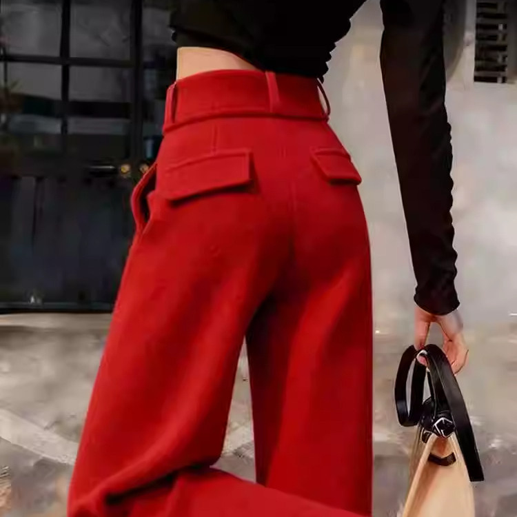 红色直筒裤女秋冬加厚保暖高腰显瘦美式休闲修身窄版阔腿裤,女装/女士精品,西装裤/正装裤,淘宝优惠券,粉丝福利购,淘宝优惠卷