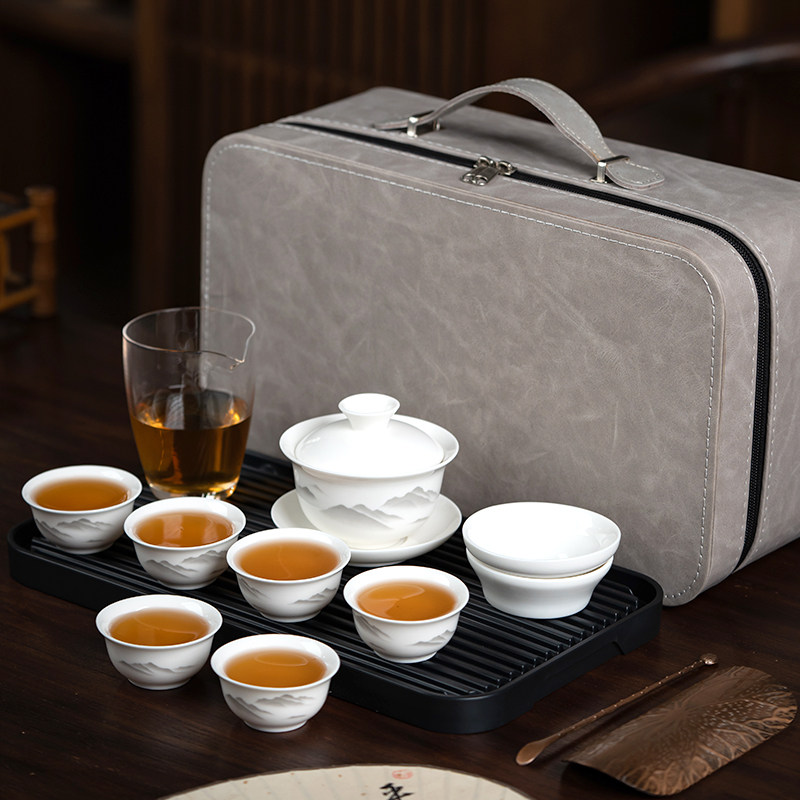 创意可悬停羊脂玉瓷远山旅行茶具