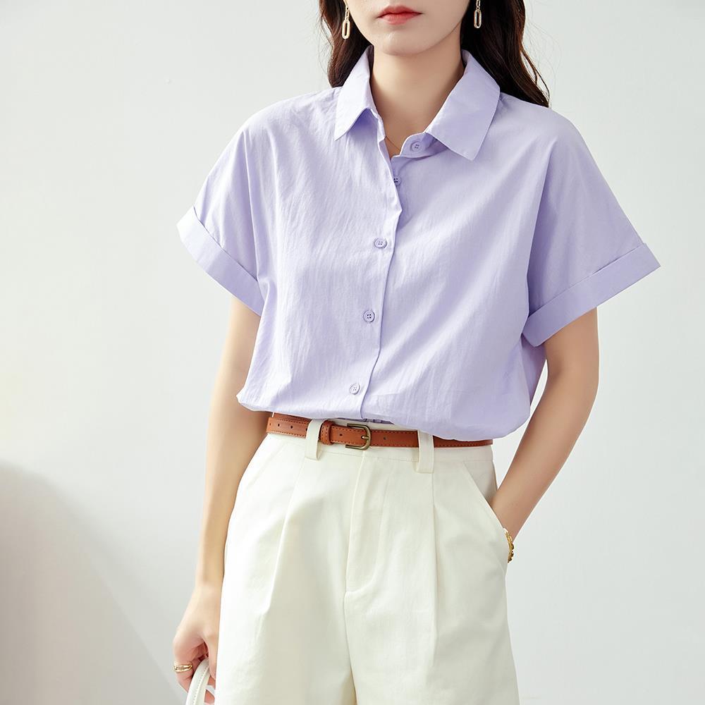 全棉紫色短袖衬衫2025新款女夏季今年流行漂亮妈妈气质上衣白衬衣