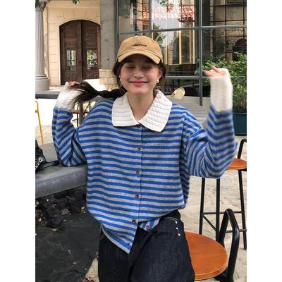 学院风条纹polo领长袖毛衣开衫外套女秋冬宽松慵懒高级感针织上衣