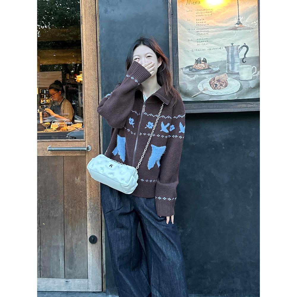 美拉德咖色提花费尔岛毛衣外套女秋冬慵懒风宽松长袖针织开衫上衣