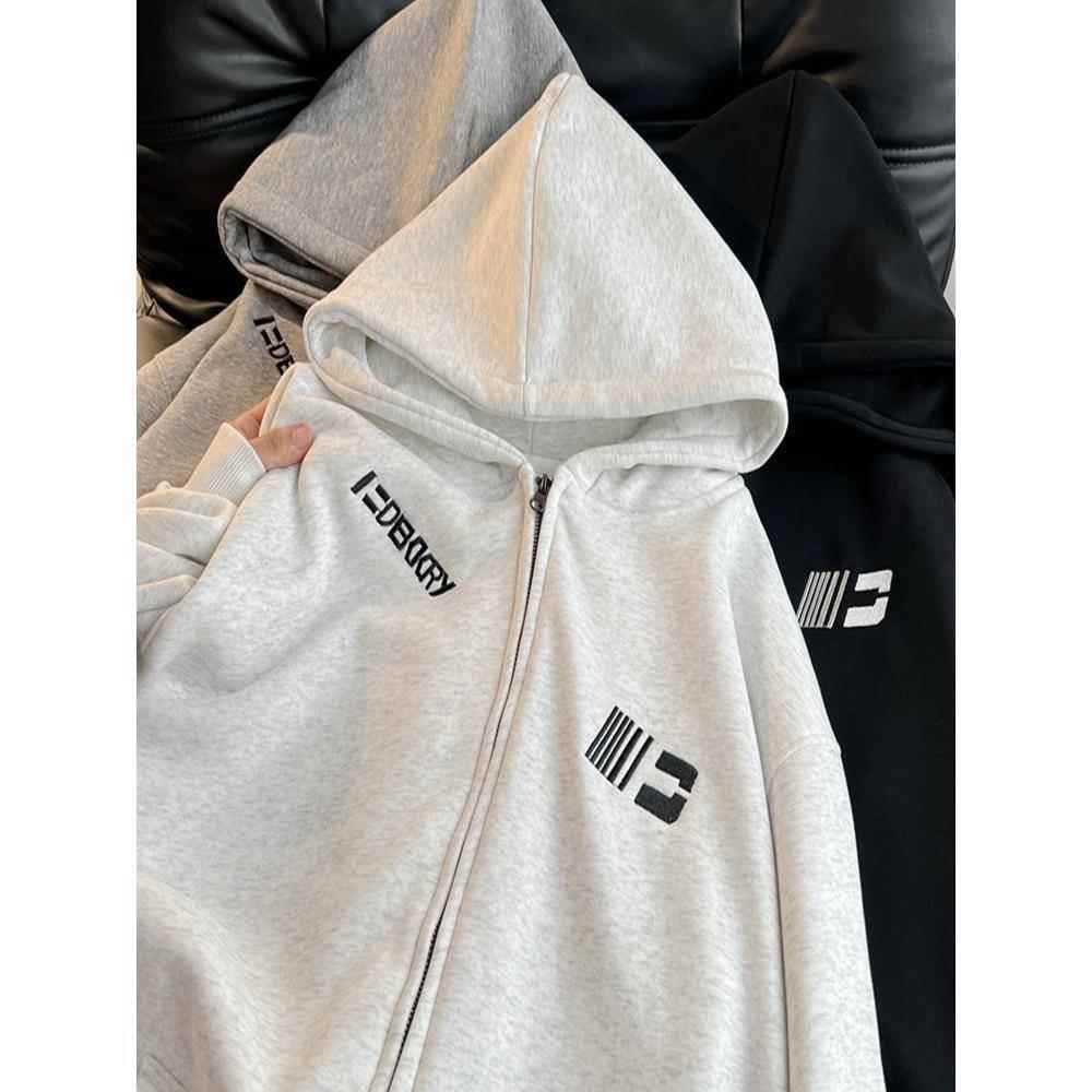 立体刺绣~连帽拉炼开衫卫衣女潮牌春秋重磅宽松美式休闲加绒外套