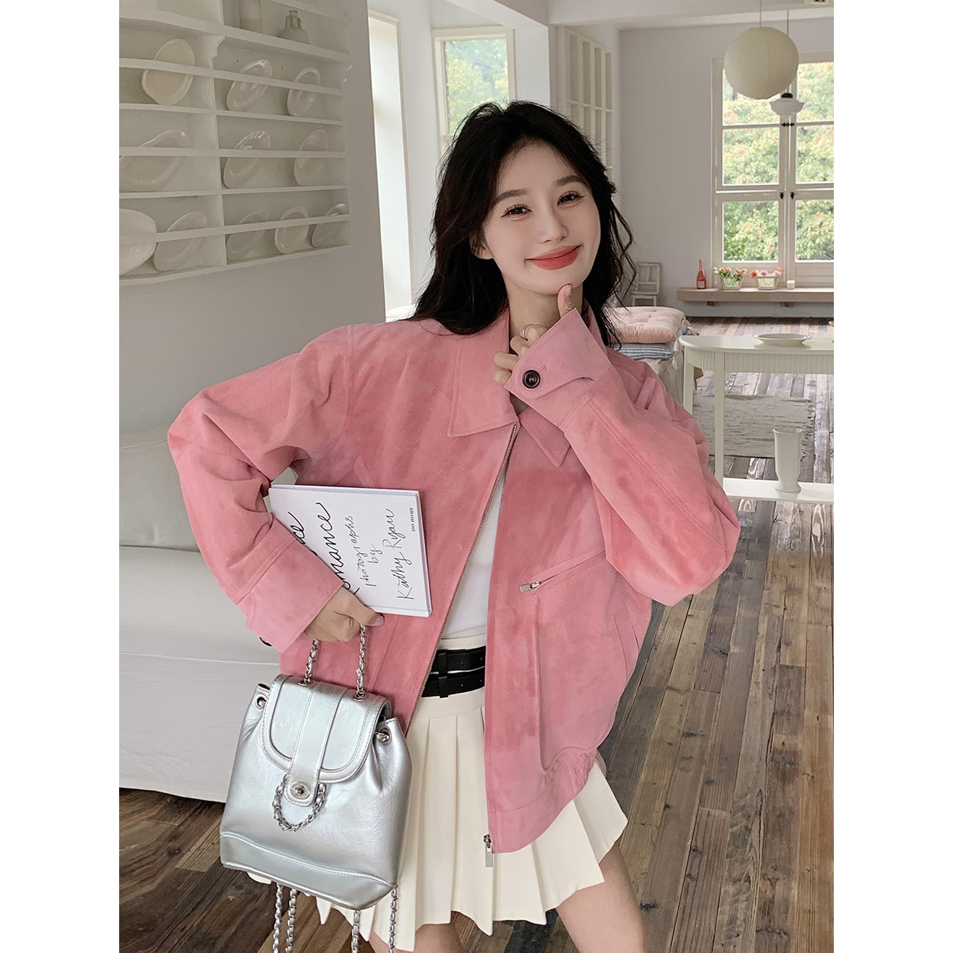 粉色减龄漂亮洋气麂皮外套女秋季2025新款韩系小个子休闲翻领夹克