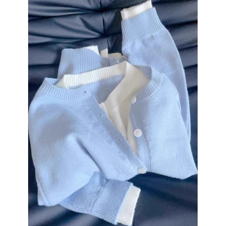 法式小香风蓝色假两件针织开衫女秋季新款韩系穿搭纽扣慵懒风毛衣