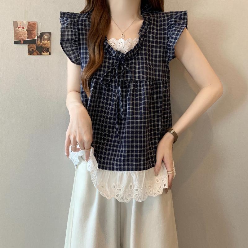 韩系木耳边格子短袖衬衫女夏季大码胖mm宽松遮肚假两件娃娃衫上衣