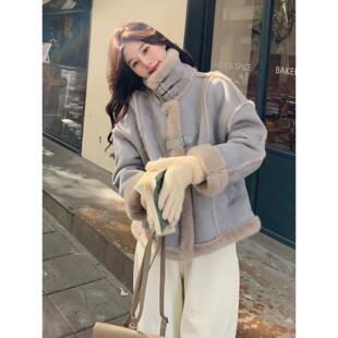 雾霾蓝皮毛一体外套女短款2024冬装新款加厚保暖小个子羊羔毛棉衣