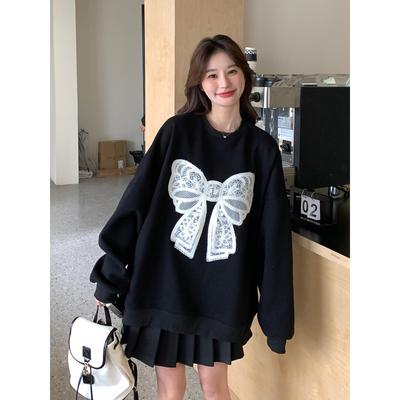 蝴蝶结刺绣秋季女2025春秋新款韩系慵懒风小众设计感黑色套头上衣