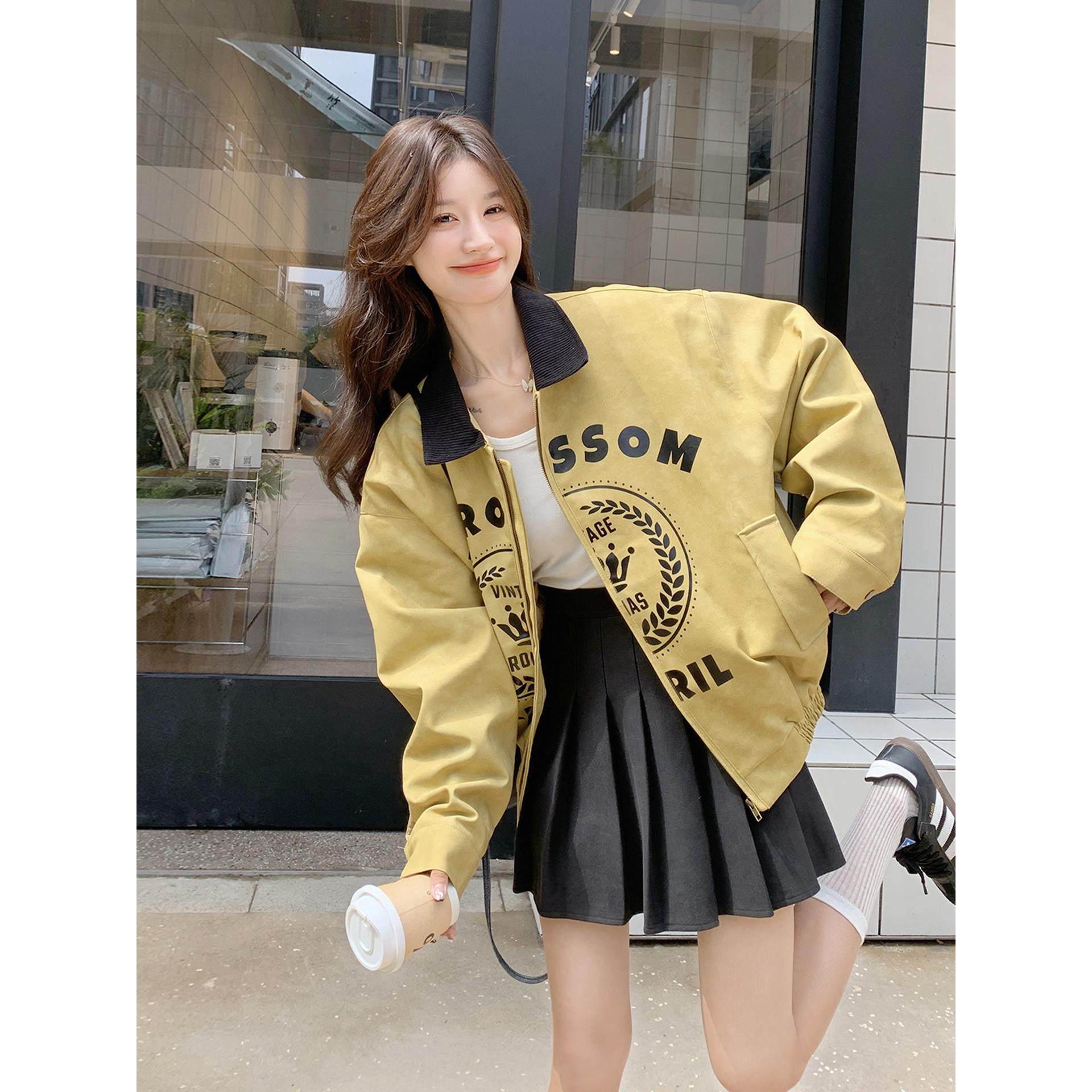 黄色又a又飒甜酷风字母机车皮衣女秋2025新款小个子美式短款外套