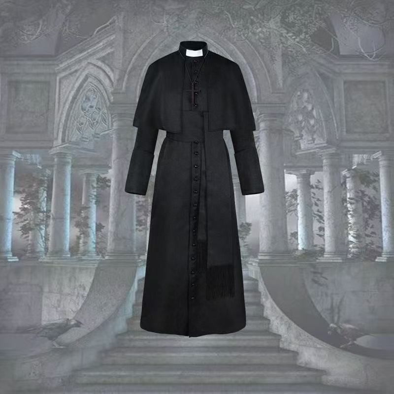 中世纪复古牧师演出服万圣节成人cos神父披肩长袍纯色修道院制服