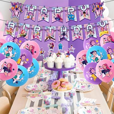 现货猎魔女团kpop demon hunters主题生日派对装饰蛋糕叉拉旗气球