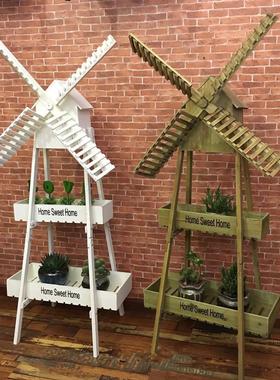 风车花架摆件实木头户外花园阳台庭院木质工艺品幼儿园落地式摆设