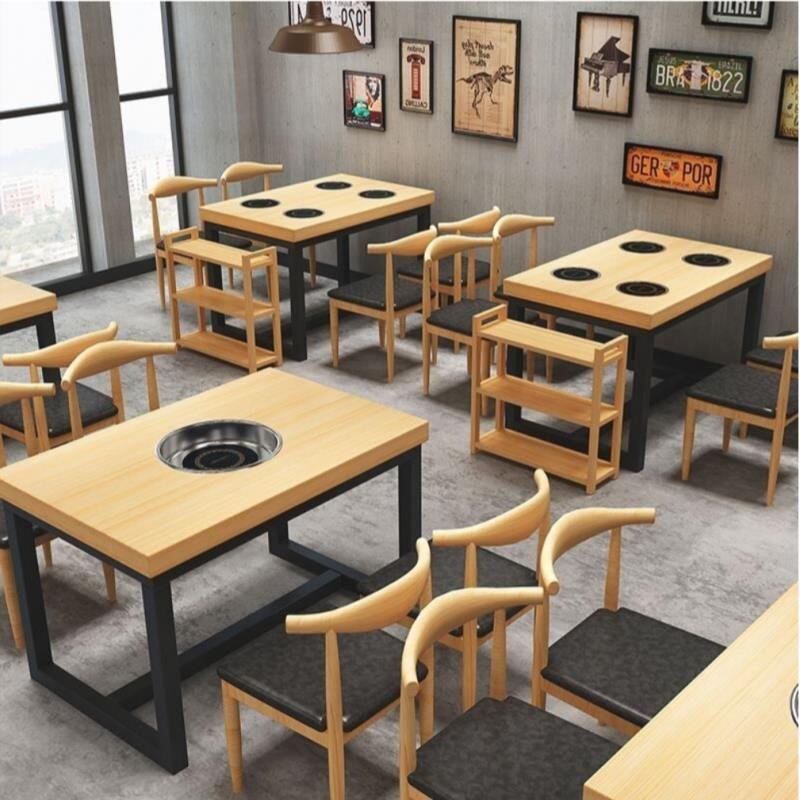 大理石小火锅桌子电磁炉一人一锅餐桌燃气灶烤肉实木桌椅组合商用