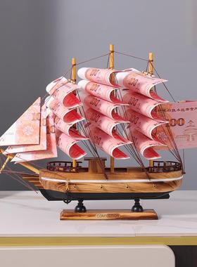 手工一帆风顺小船模型家居帆布船工艺品摆件木质有钱花船乔迁礼品
