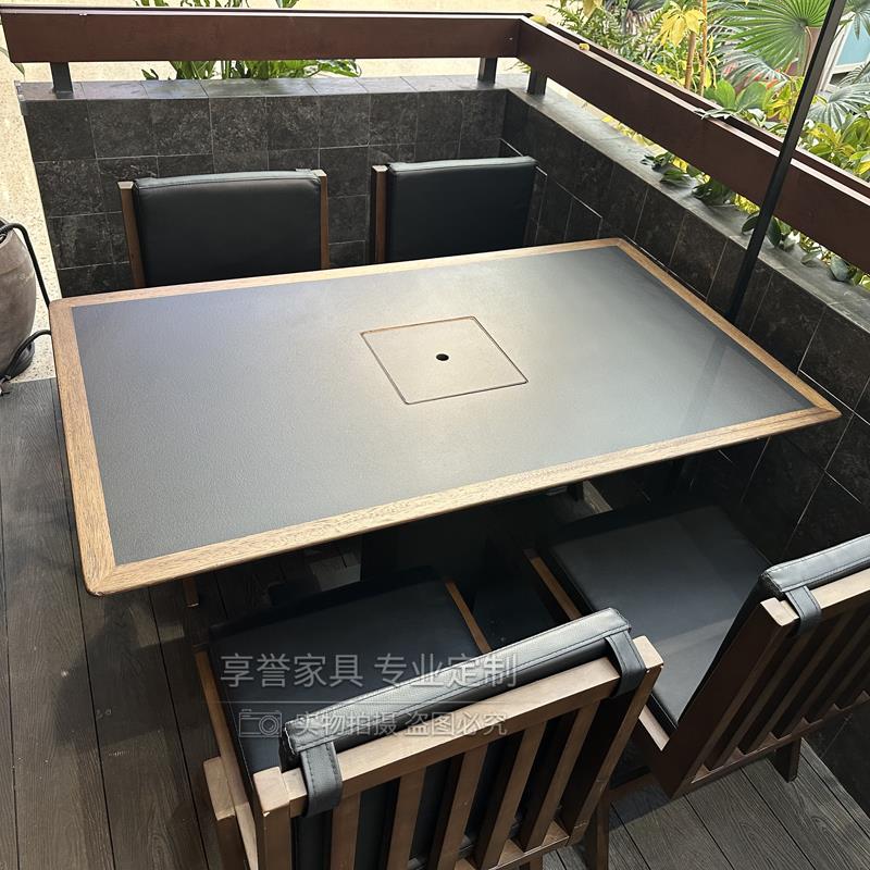 山野风实木包岩板电磁炉一体商用火锅桌子无烟烧烤桌自助烤肉桌椅