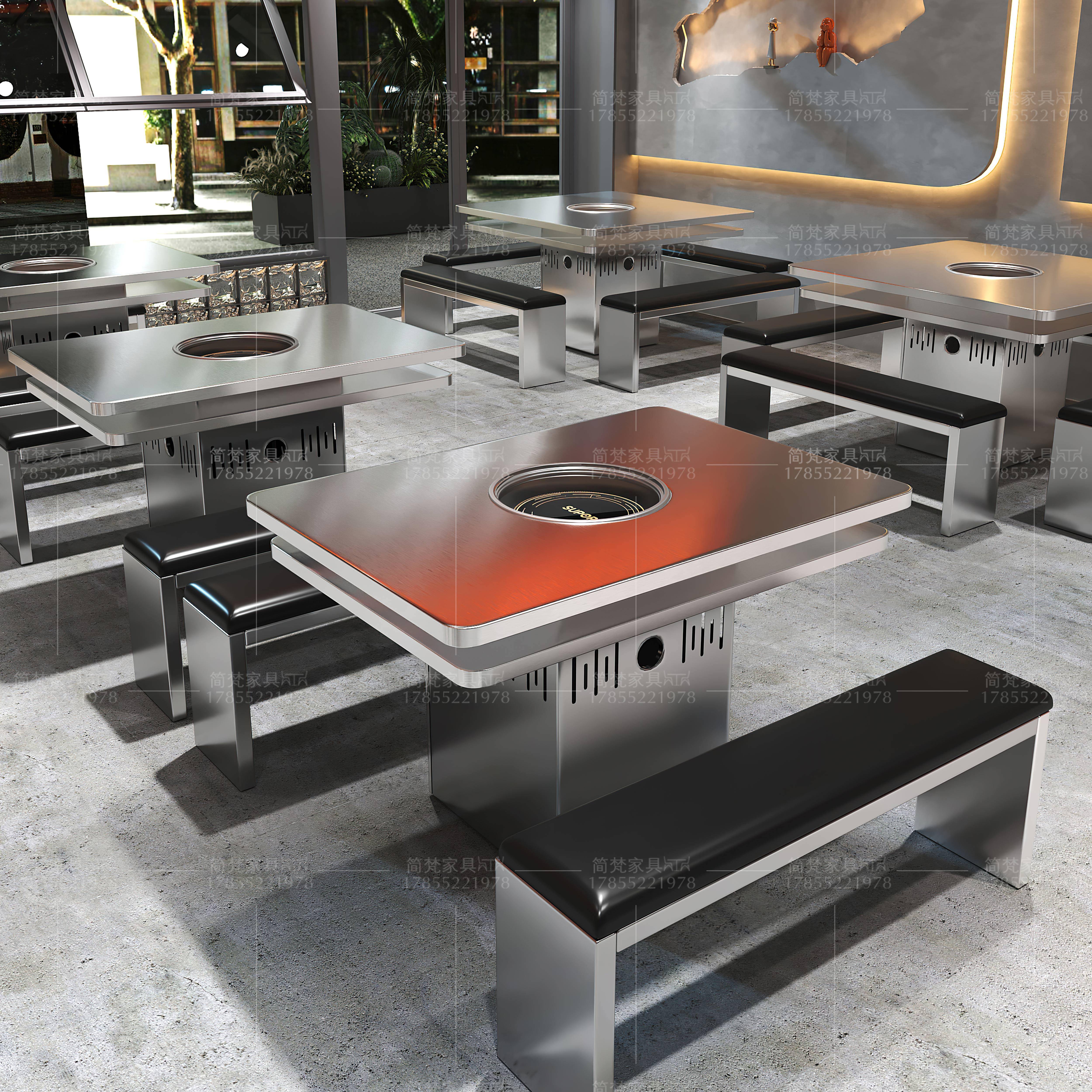 工业风无烟不锈钢火锅桌子电磁炉一体地摊户外烧烤串烤肉桌子商用