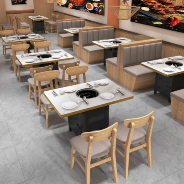 实木岩板大理石火锅桌电磁炉一体烤肉桌子卡座沙发餐桌椅组合商用