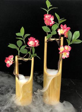 刺身装饰竹筒藤花海鲜姿造干冰竹筒酒店摆盘花草餐厅菜品盘饰摆件