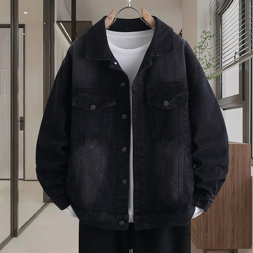 高品质轻奢黑色牛仔衣服男外套春秋季潮流百搭休闲翻领衬衫式夹克