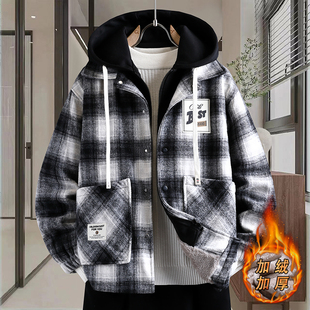 青少年大童加绒加厚格子外套男冬季假两件棉服男孩初高中学生夹克
