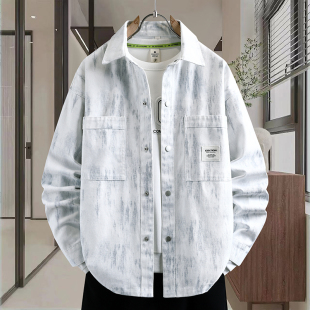 高级感痞帅青少年高中学生夹克 外套男春秋季 扎染水洗牛仔长袖 衬衫