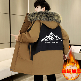 拼接撞色中长款棉服外套男冬季潮流帅气加绒加厚棉衣青少年派克服