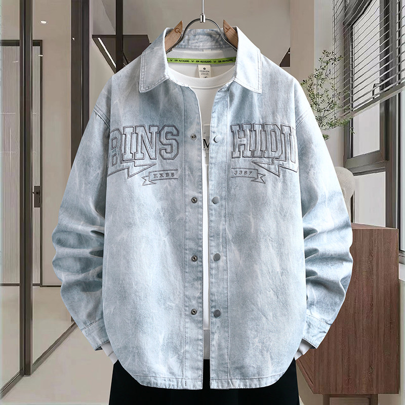 长袖衬衫青少年男装春装外套2026新款高级感高中学生刺绣牛仔夹克