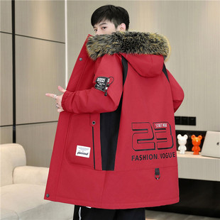 加绒加厚中长款外套男冬季棉服2025新款初高中学生宽松棉衣派克服