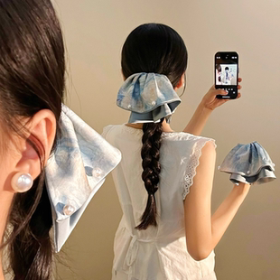 油画风蓝色星空珍珠裙摆马尾抓夹女高级感温柔气质后脑勺发夹头饰