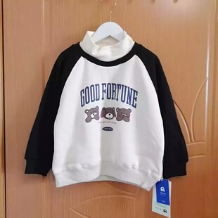 310男童秋冬季加绒高领卫衣女童一体绒上衣中大童拼色卡通上衣厚