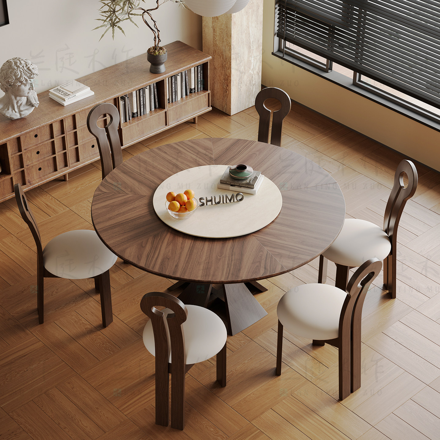 法式奶油复古风实木德利丰岩板家用黑色窈窕饭桌胡桃色圆餐桌椅子