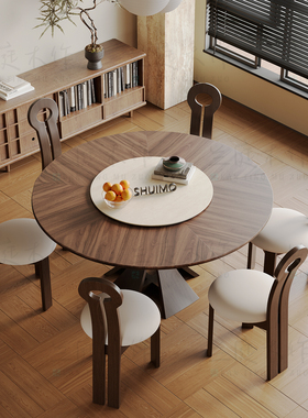 法式奶油复古风实木德利丰岩板家用黑色窈窕饭桌胡桃色圆餐桌椅子
