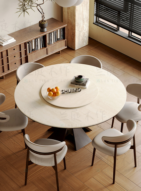 法式奶油复古风实木德利丰岩板家用黑色窈窕饭桌胡桃色圆餐桌椅子