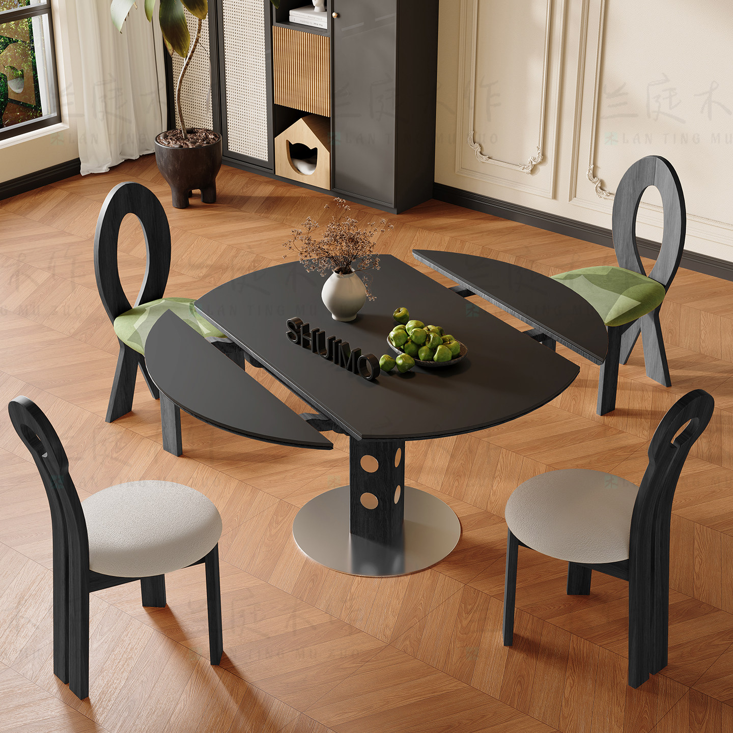 德利丰洞石岩板伸缩餐桌家用小户型实木包豪斯折叠桌方圆两用饭桌