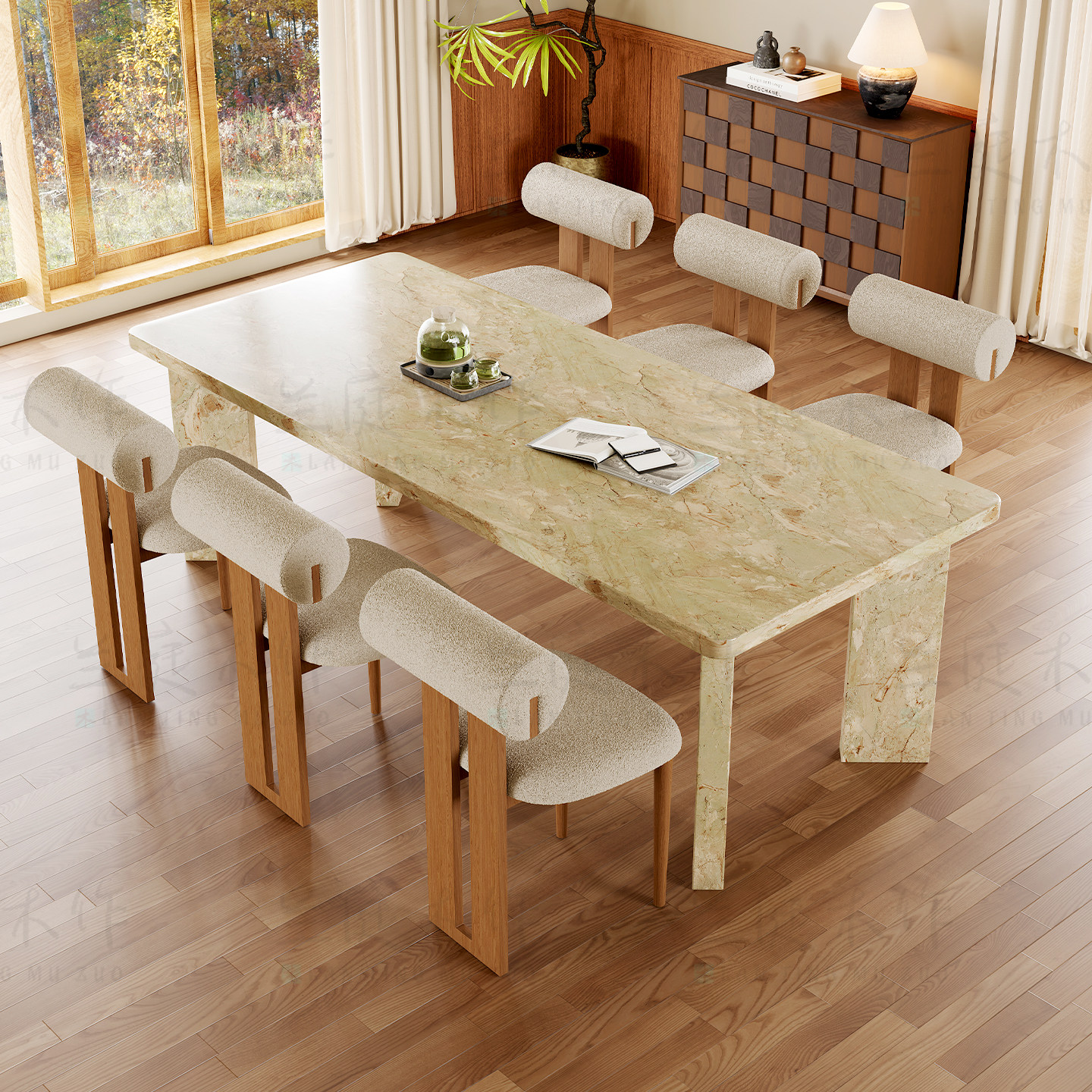 德利丰法式复古洞石岩板餐桌圆下挂长方形设计师洞石餐桌餐椅组合
