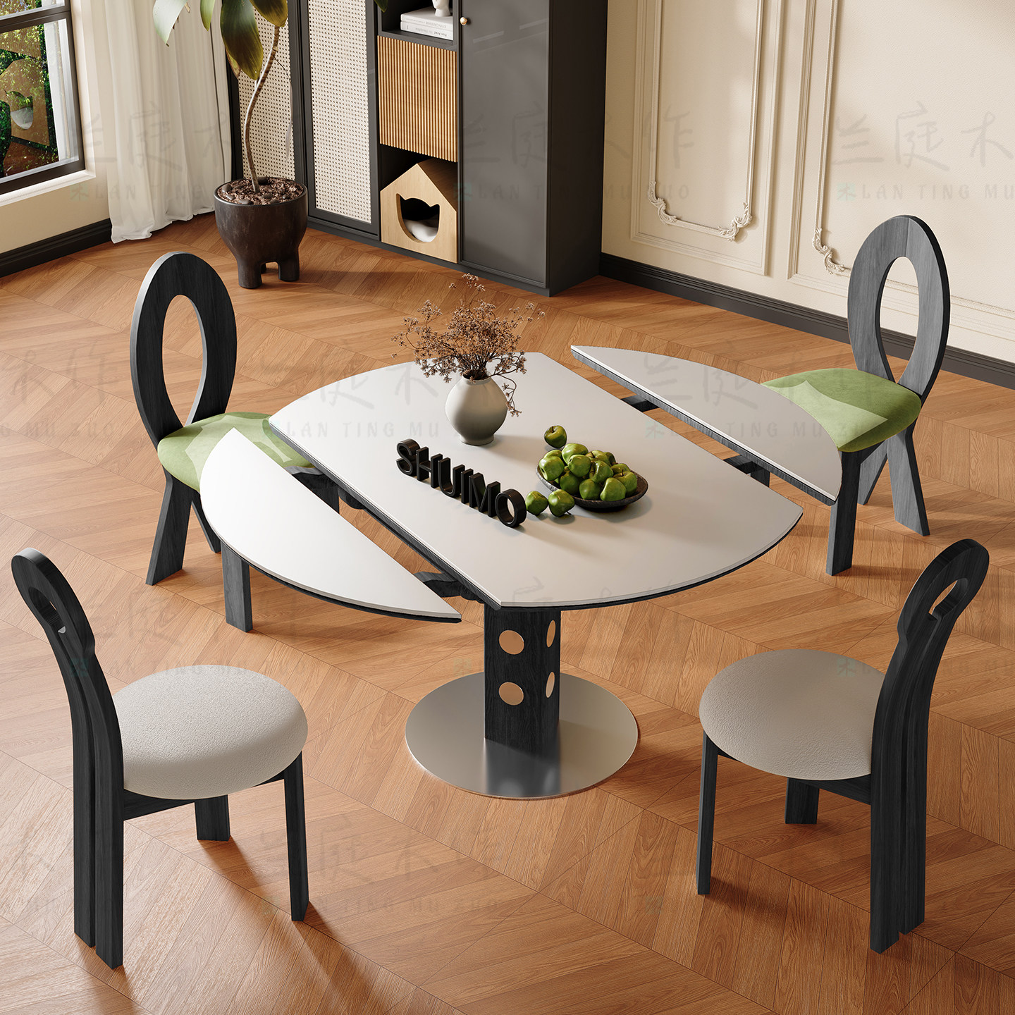 德利丰洞石岩板伸缩餐桌家用小户型实木包豪斯折叠桌方圆两用饭桌