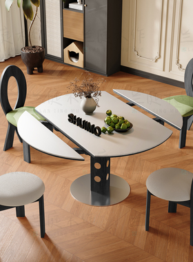 德利丰洞石岩板伸缩餐桌家用小户型实木包豪斯折叠桌方圆两用饭桌