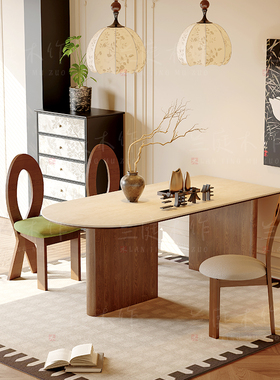 中古风岩板洞石法式餐桌家用小户型轻奢奶油半圆半岛形餐桌子客厅