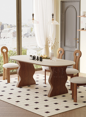 中古风岩板洞石法式餐桌家用小户型轻奢奶油半圆椭圆形餐桌子客厅
