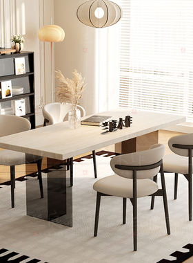 亚克力岩板洞石法式餐桌家用小户型轻奢奶油半圆长方形餐桌子客厅