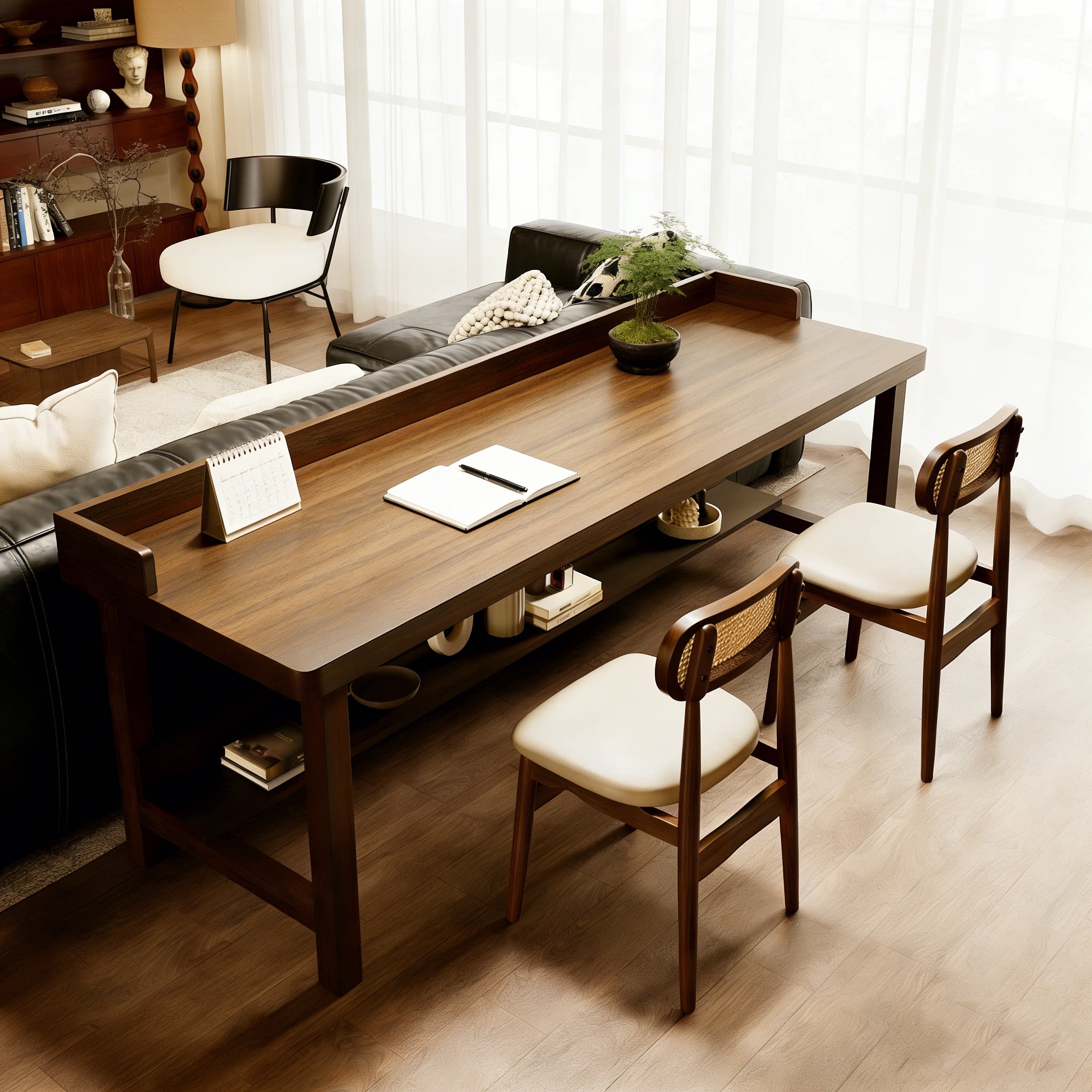 现代简约实木书桌带靠背挡板沙发后客厅双人办公学习电脑桌椅组合