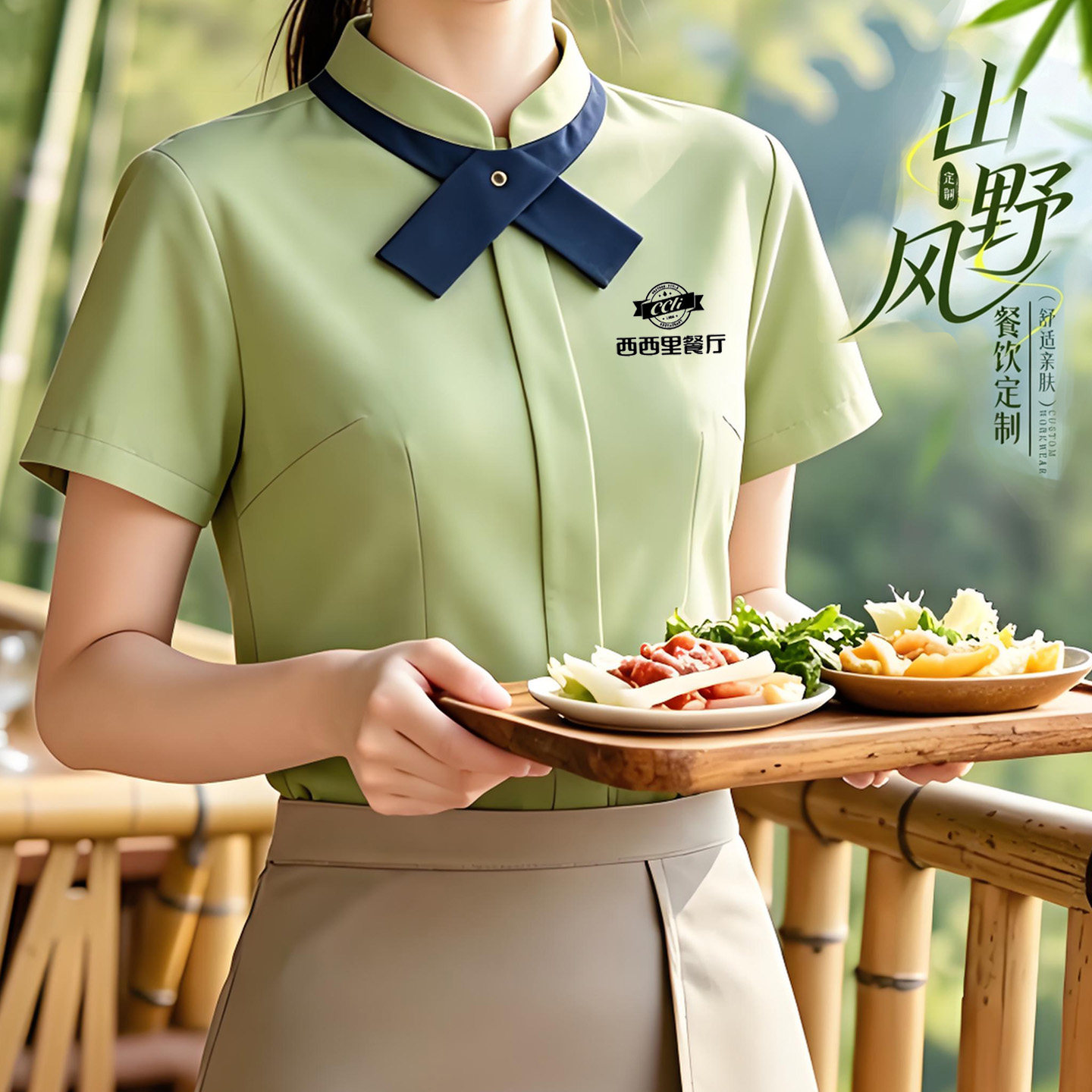 高级感山野风餐饮服务员工作服短袖女衬衫烘焙奶茶店工装衬衫定制图片