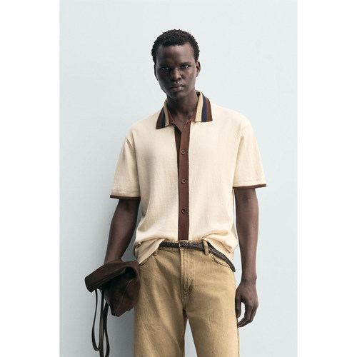 柜399！ZA26春夏新品男装 棉质宽松撞色短袖针织衬衫 3003406 712