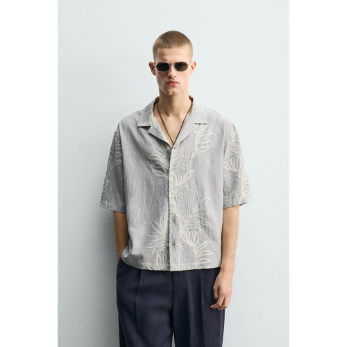 柜429！ZA 夏季新品 男装 宽松提花刺绣叶子短袖衬衫 0100690 403